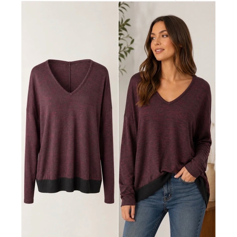 rag & bone JEAN Burgundy V Neck Long Sleeve Contrast Hem Top XS